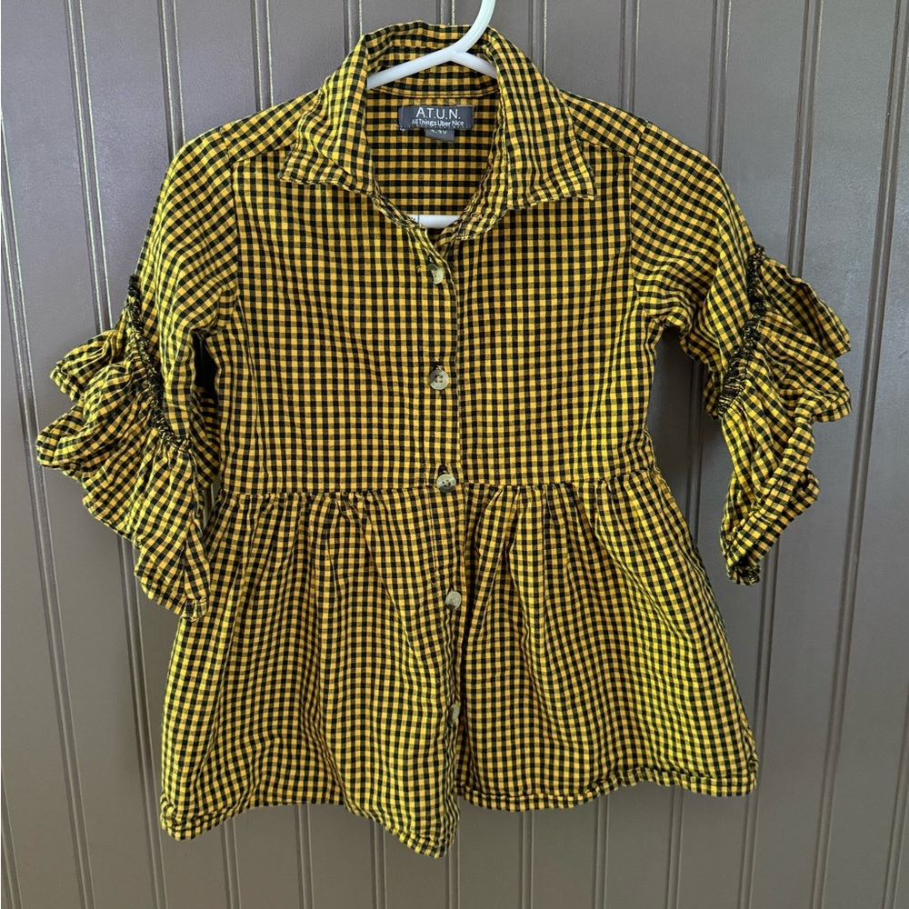 Yellow and Black Gingham Ruffle Sleeve Dress